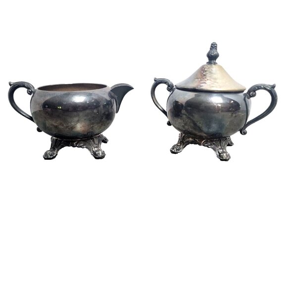 Vintage FB Rogers Silver Co Footed Sugar Bowl With Lid And Creamer Set Rare Find - Picture 2 of 14